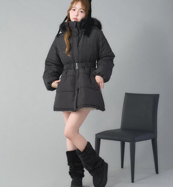  「ベルト付きフェイクファーフードフェイクダウン」|その他|