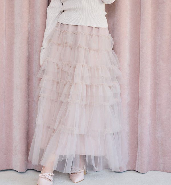 「段々チュールロングスカート」|スカート|ピンクベージュ