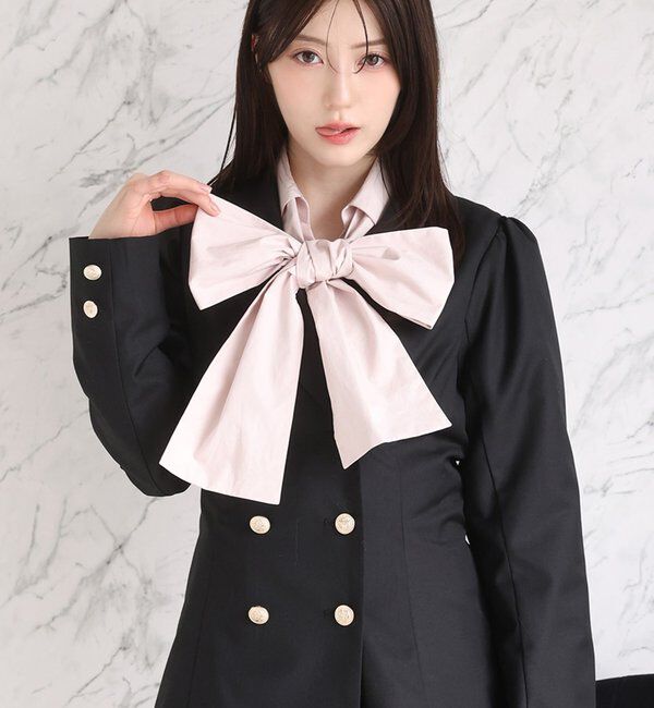  「【リボン取り外し可能】フロントギャザーボウタイシャツ」|シャツ・ブラウス|ピンク