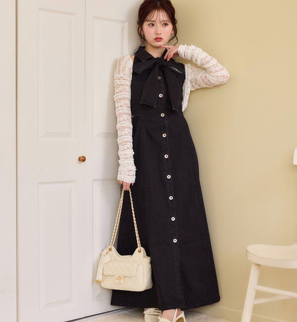  「【Denim Collection】ボレロセットサイドカットロングワンピ」|ワンピース|ブラック