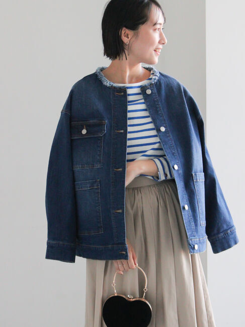 Te chichi「ノーカラーデニムジャケット」|その他|ブルー