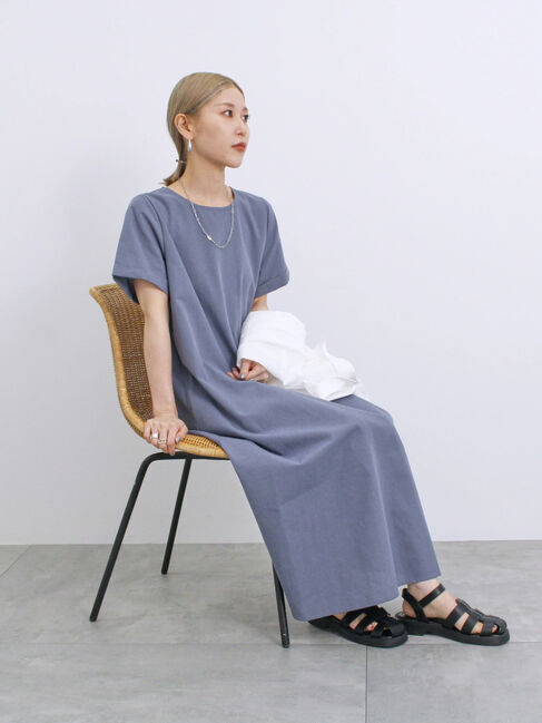 Samansa Mos2 blue「【イージーケア】リネン混マキシフレアワンピース」|ワンピース|