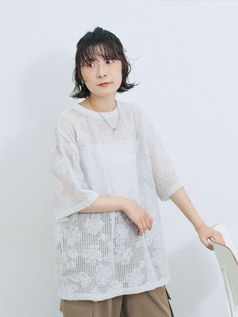 Samansa Mos2 blue「チュールフラワーコードTシャツ」|Tシャツ・カットソー|