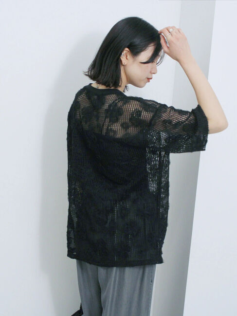 Samansa Mos2 blue「チュールフラワーコードTシャツ」|Tシャツ・カットソー|