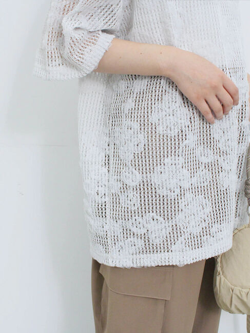 Samansa Mos2 blue「チュールフラワーコードTシャツ」|Tシャツ・カットソー|