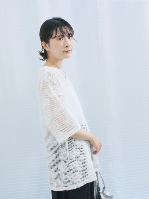 Samansa Mos2 blue「チュールフラワーコードTシャツ」|Tシャツ・カットソー|