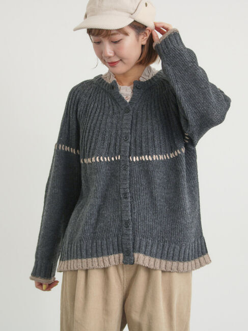 Samansa Mos2「ラウンド切替ステッチ前後2WAYニット」|カーディガン|チャコールグレー
