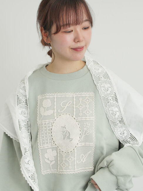 Samansa Mos2「裏毛CAT柄パーツレース付スウェット」|Tシャツ・カットソー|