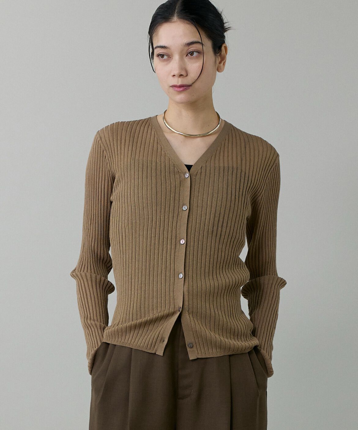 INED「ワイドリブVネックカーディガン」|カーディガン|モカチャ3
