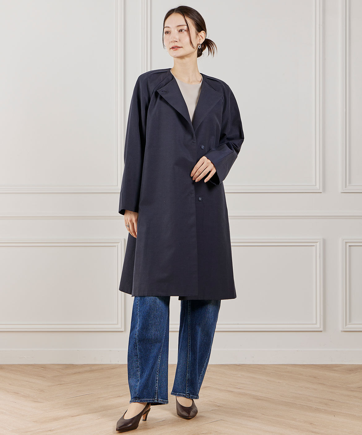INED「ノーカラーコート」|ステンカラーコート|