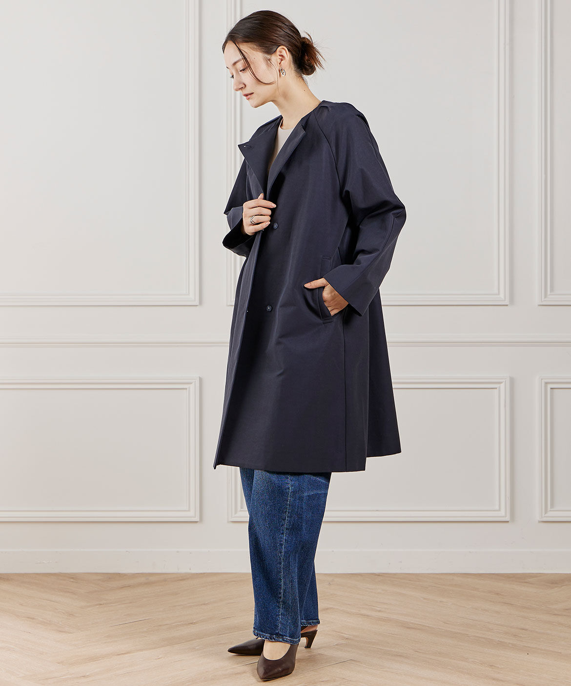 INED「ノーカラーコート」|ステンカラーコート|