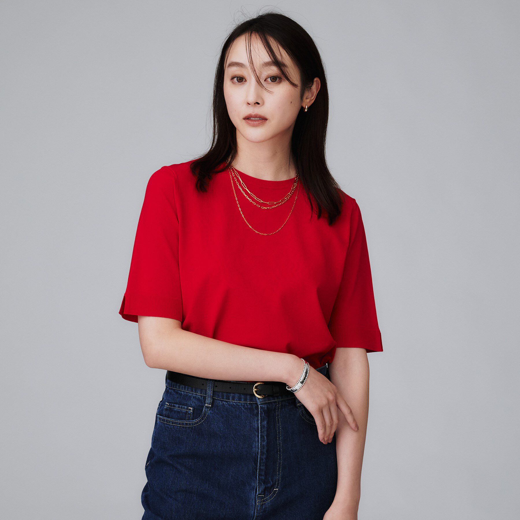 UNTITLED「【アンサンブル可/薄手/洗える】5分袖クルーニット」|ニット・セーター|