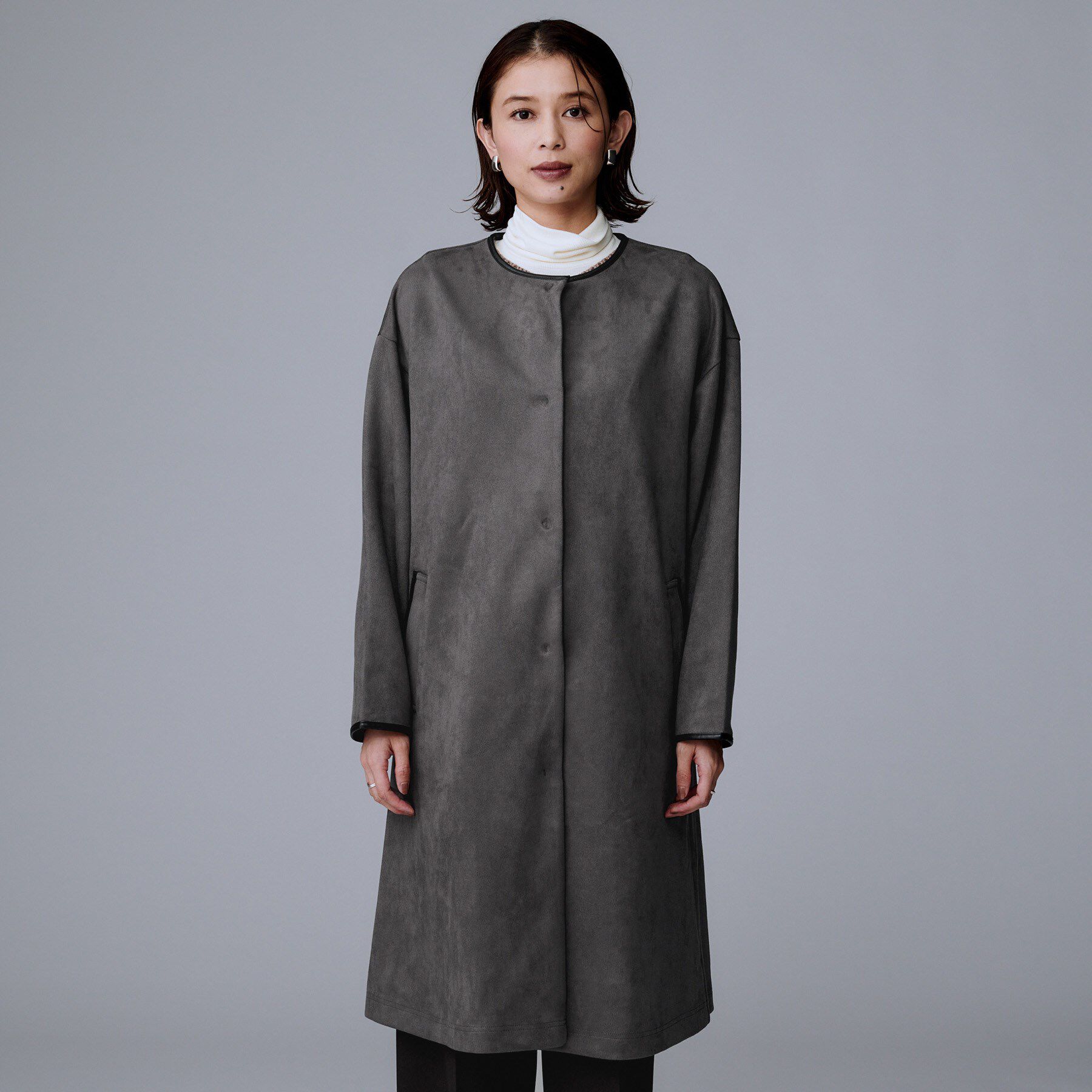 UNTITLED「【洗える/軽羽織り】マシュマロタッチ　スエード調コート」|ノーカラーコート|