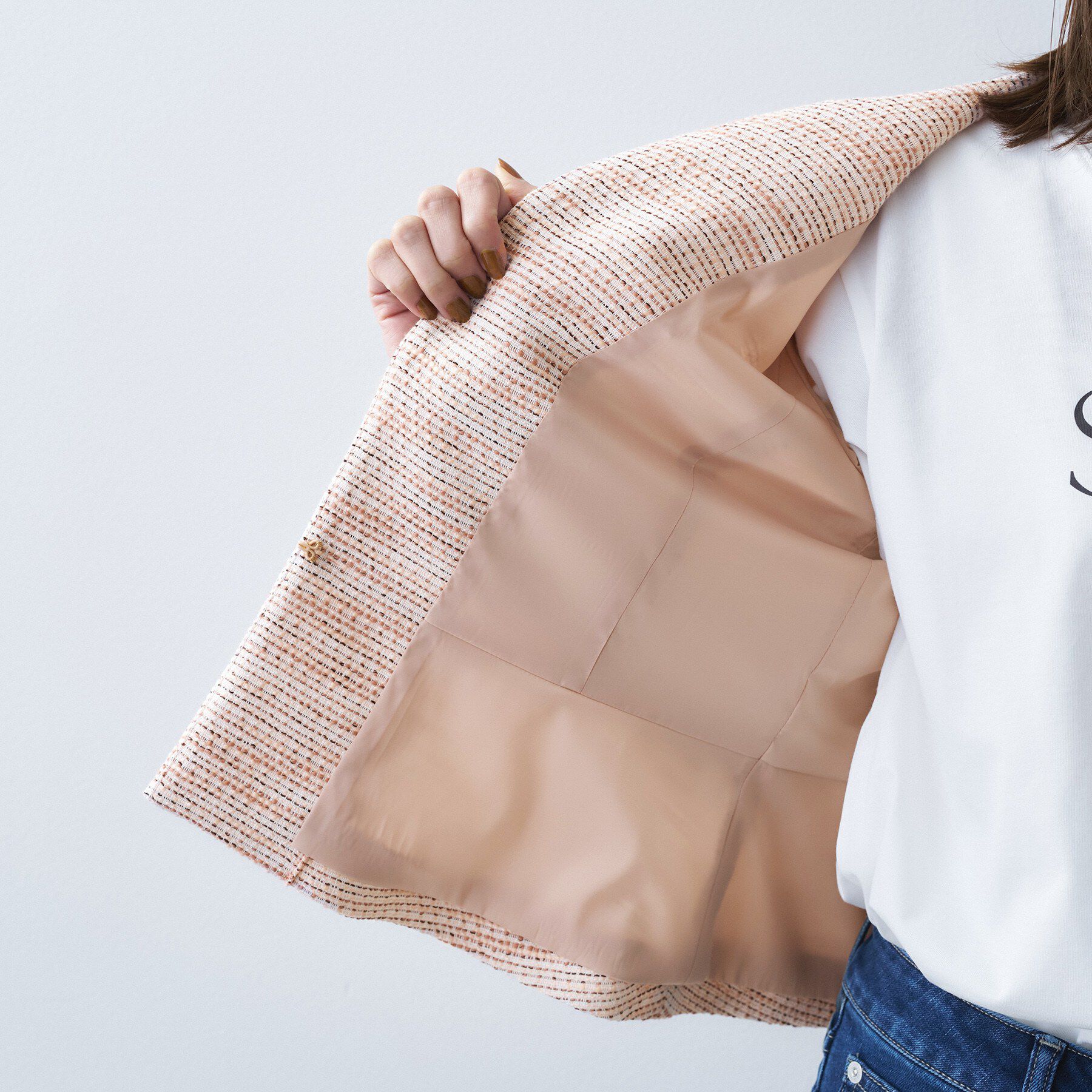 UNTITLED「【きれいめ】ツイード ペプラムジャケット」|ノーカラージャケット|