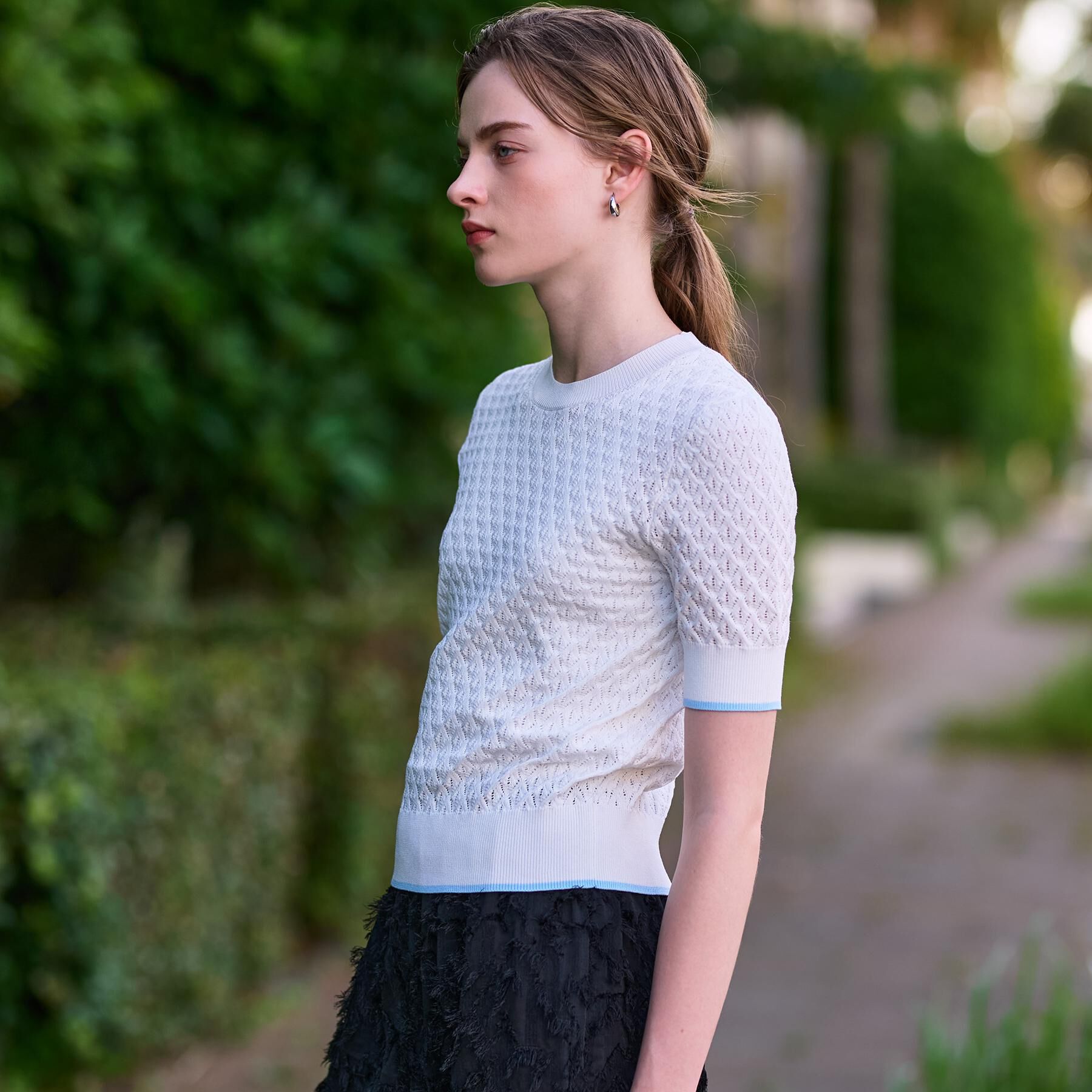 DRESSTERIOR「【6色展開/オンオフ】レース編みハーフスリーブニット」|ニット・セーター|