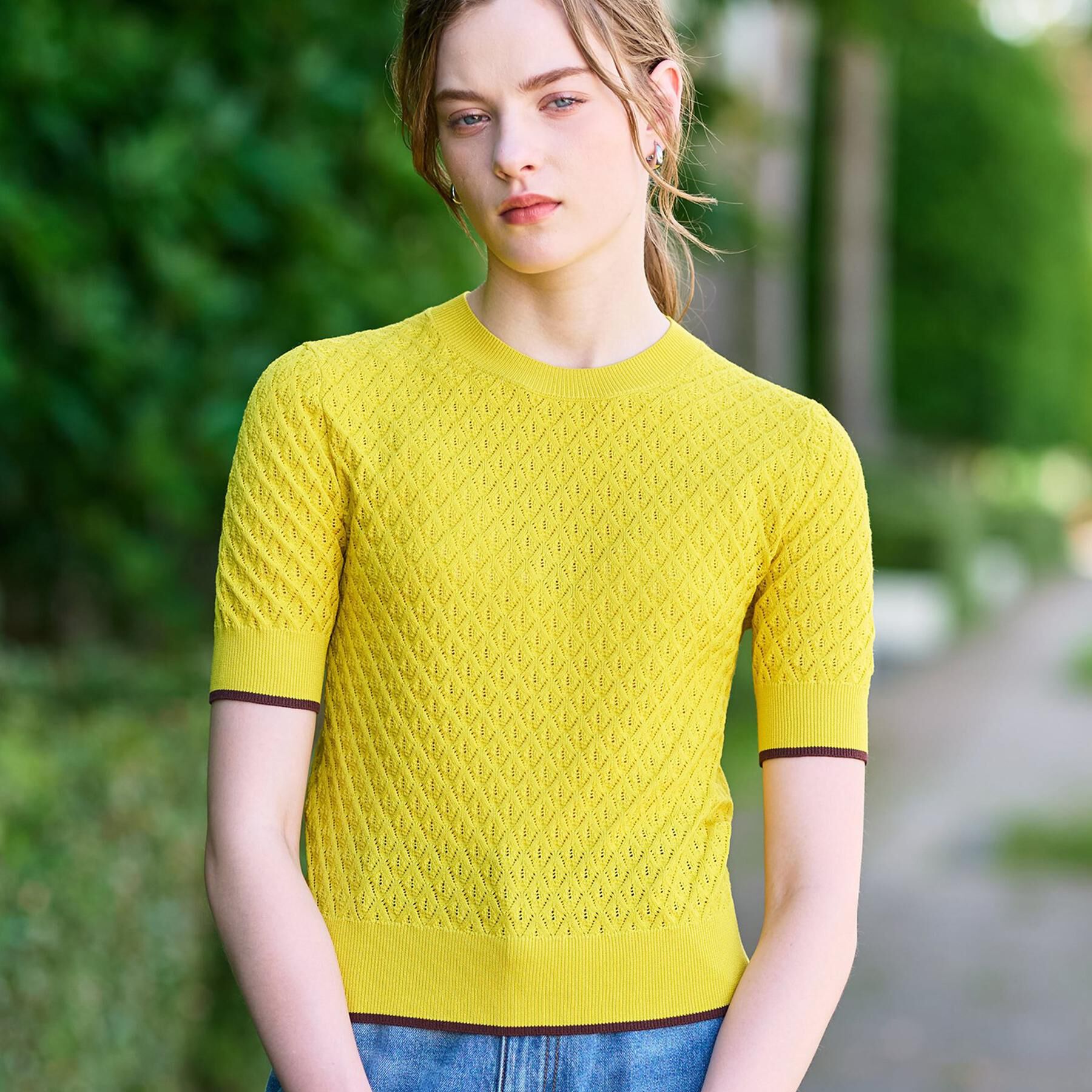 DRESSTERIOR「【6色展開/オンオフ】レース編みハーフスリーブニット」|ニット・セーター|イエロー(031)