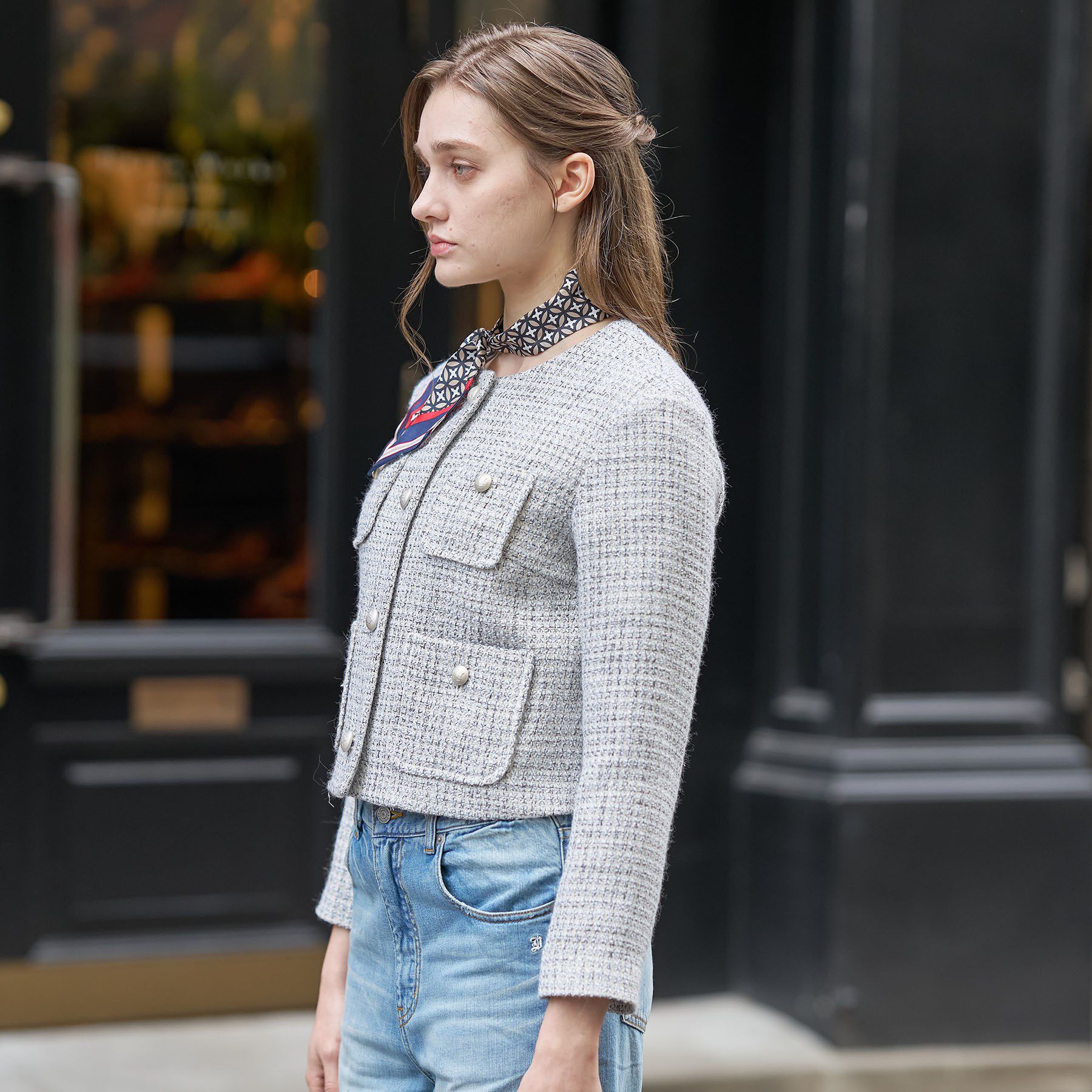 DRESSTERIOR「ラメミックスツイードジャケット」|ノーカラージャケット|