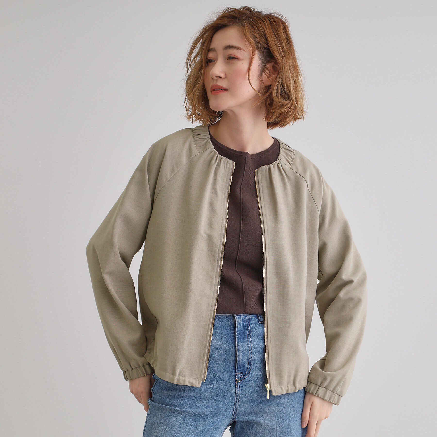 grove「軽やかに羽織る　リネンライクノーカラーブルゾン」|ブルゾン・スタジャン|カーキ(027)