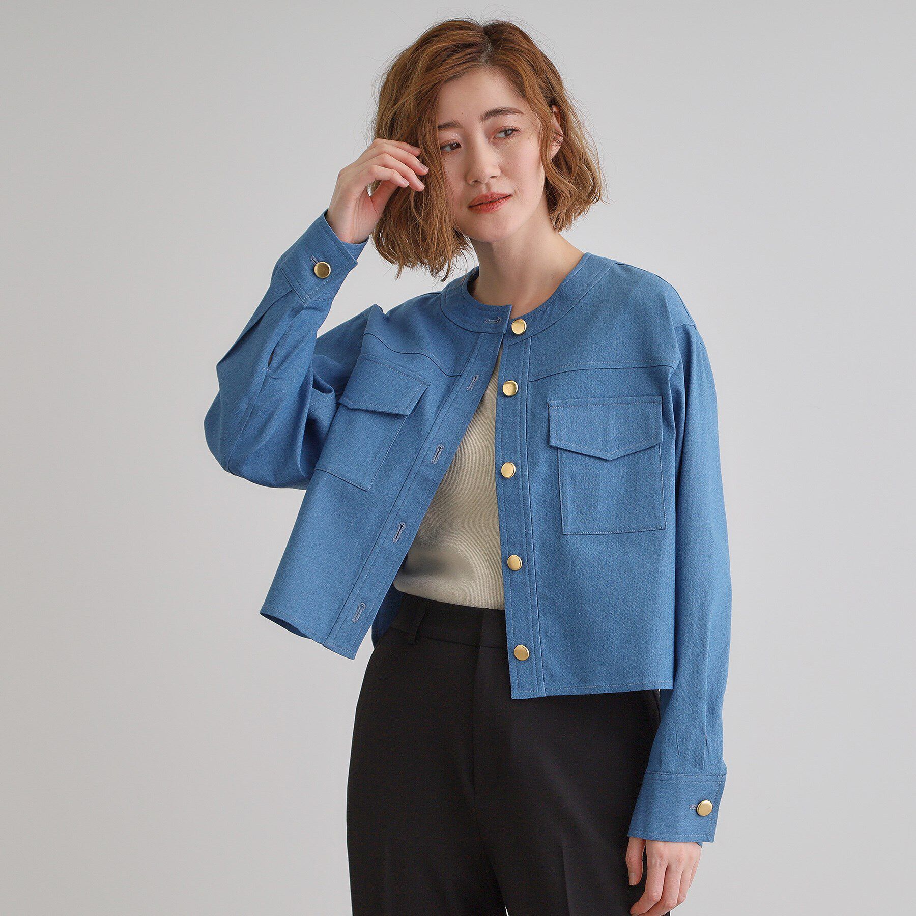 grove「ライトデニムノーカラージャケット」|デニムジャケット|