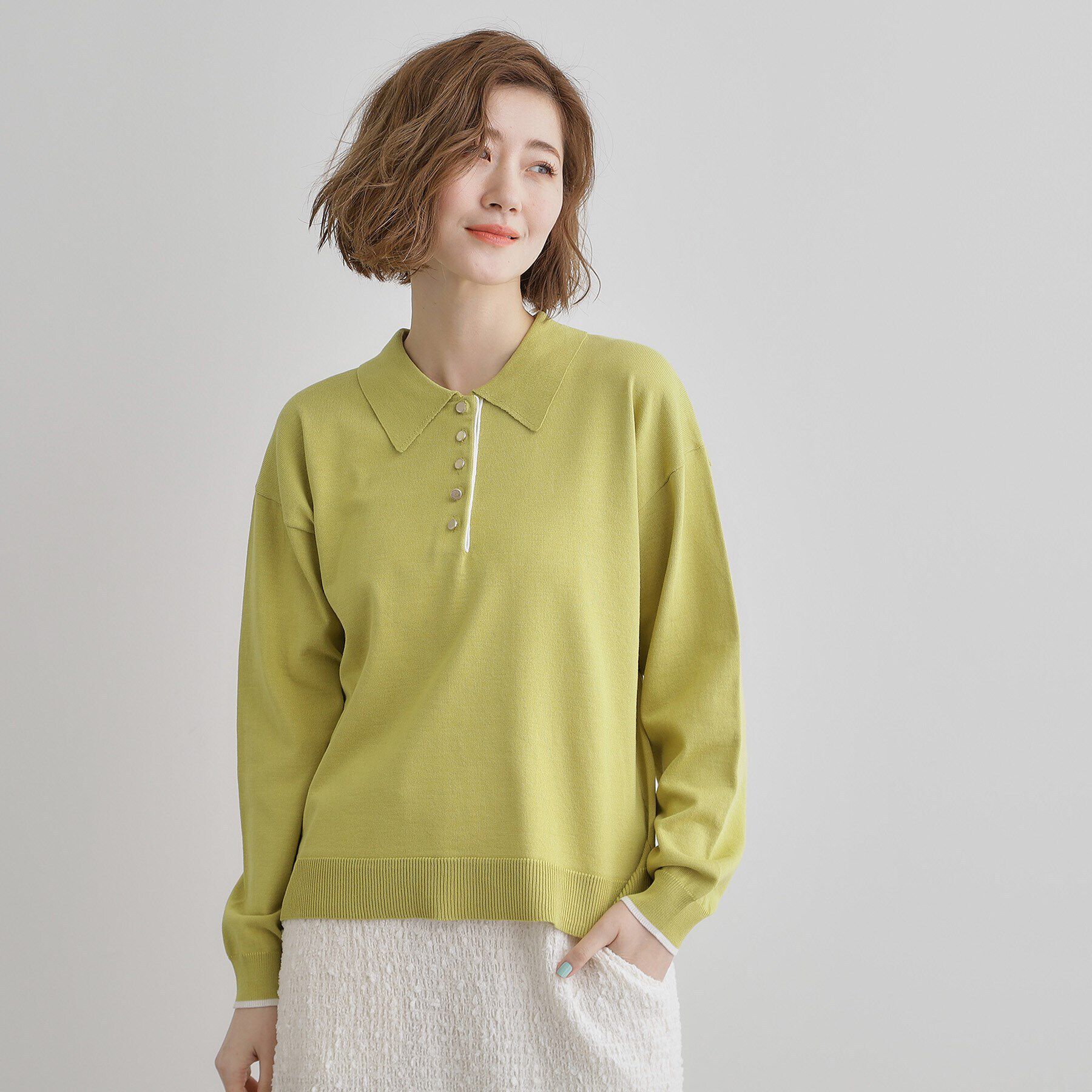 grove「配色ポロニットプルオーバー」|ニット・セーター|グリーン(023)