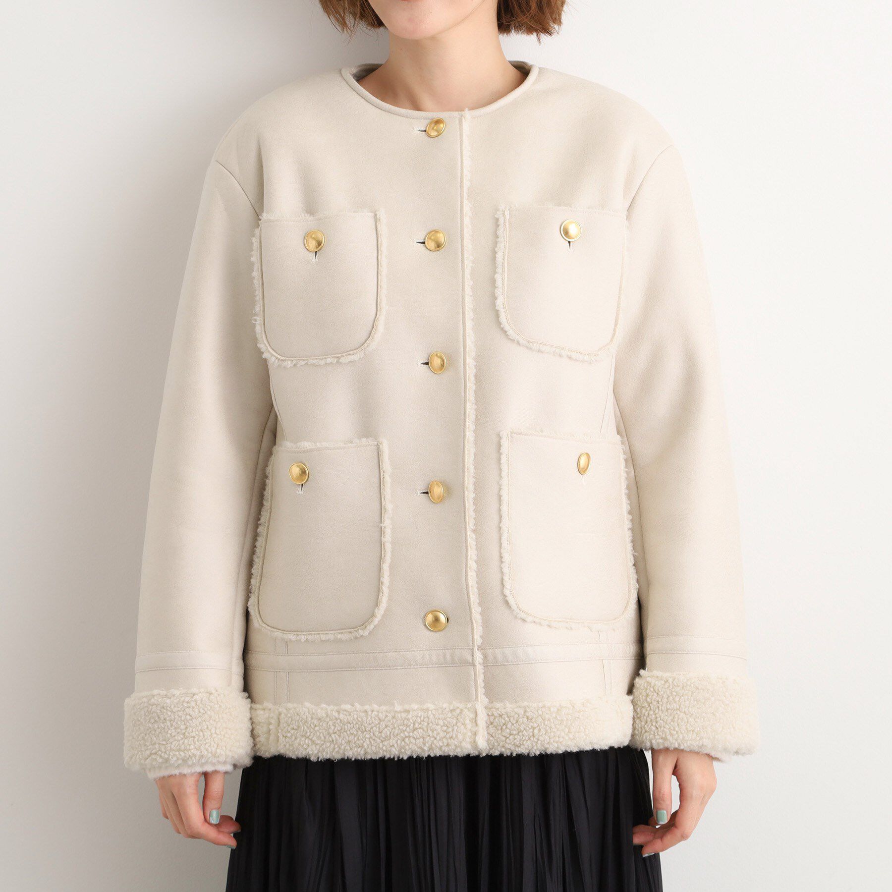 grove「フェイクムートンボアジャケット」|ノーカラーコート|