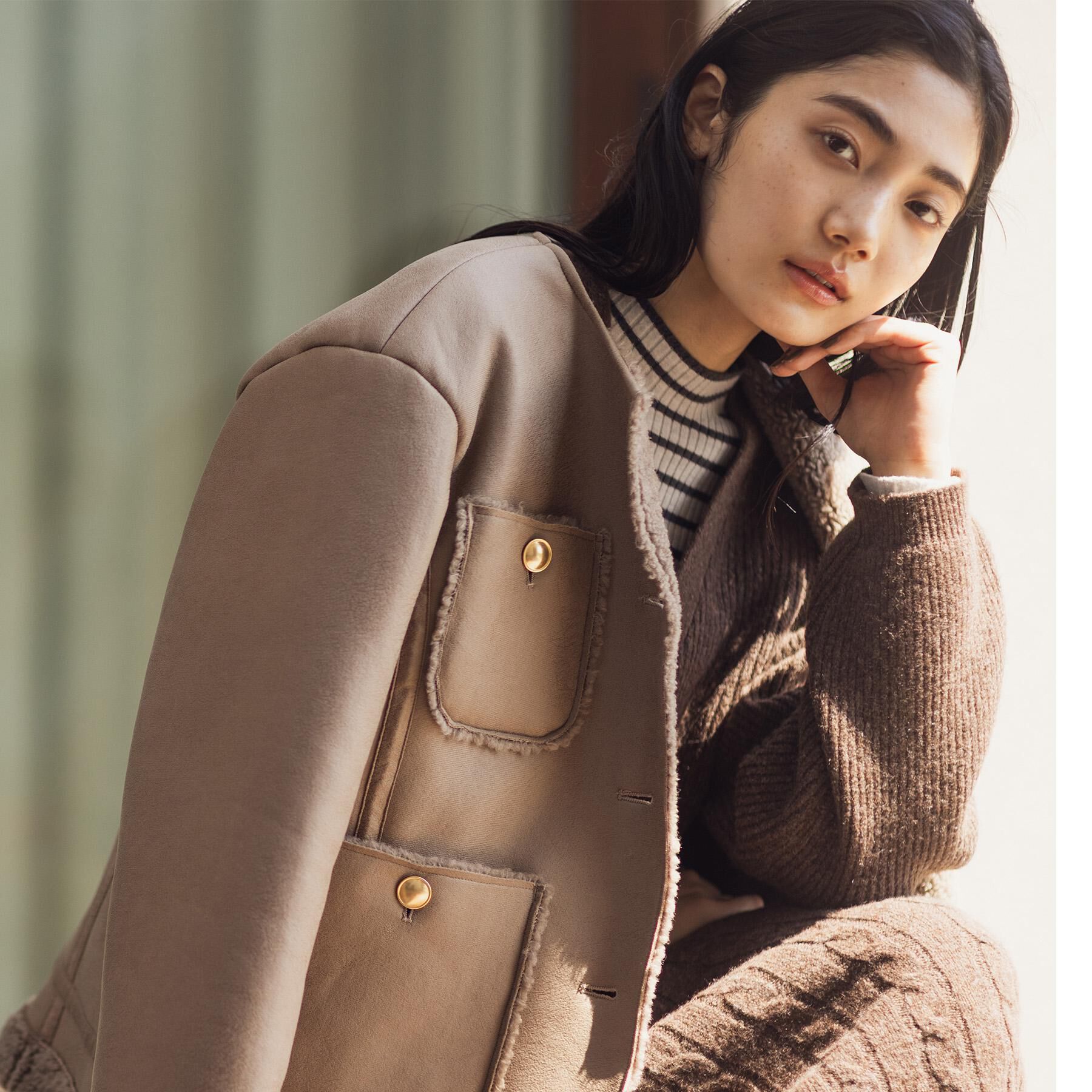 grove「フェイクムートンボアジャケット」|ノーカラーコート|