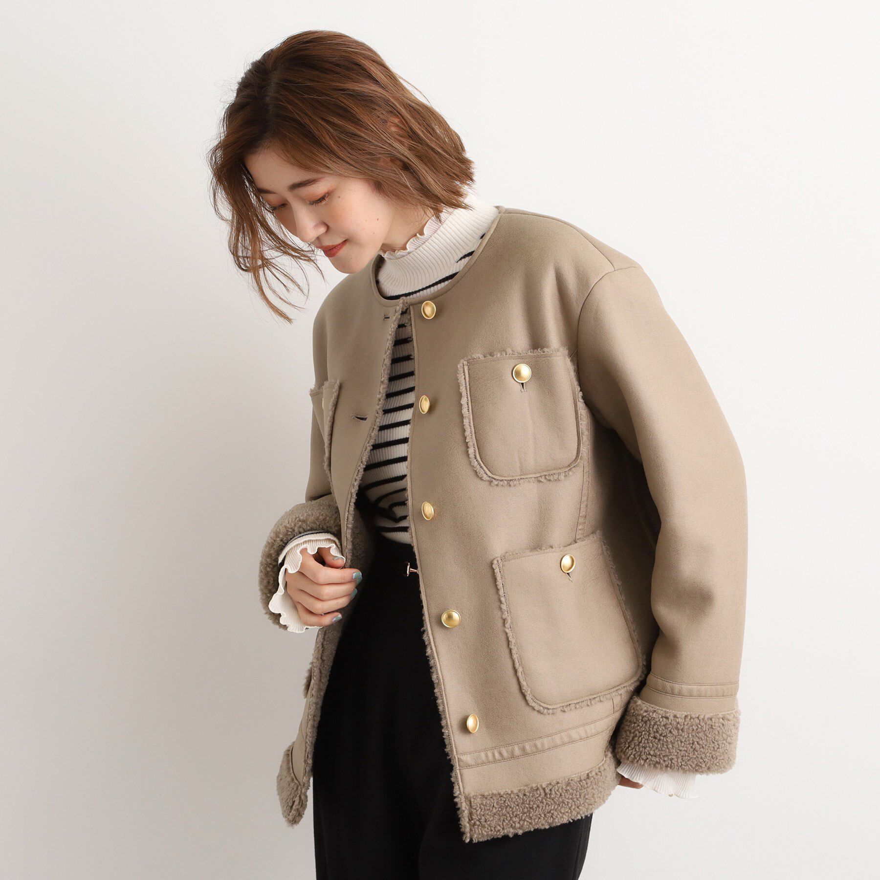 grove「フェイクムートンボアジャケット」|ノーカラーコート|