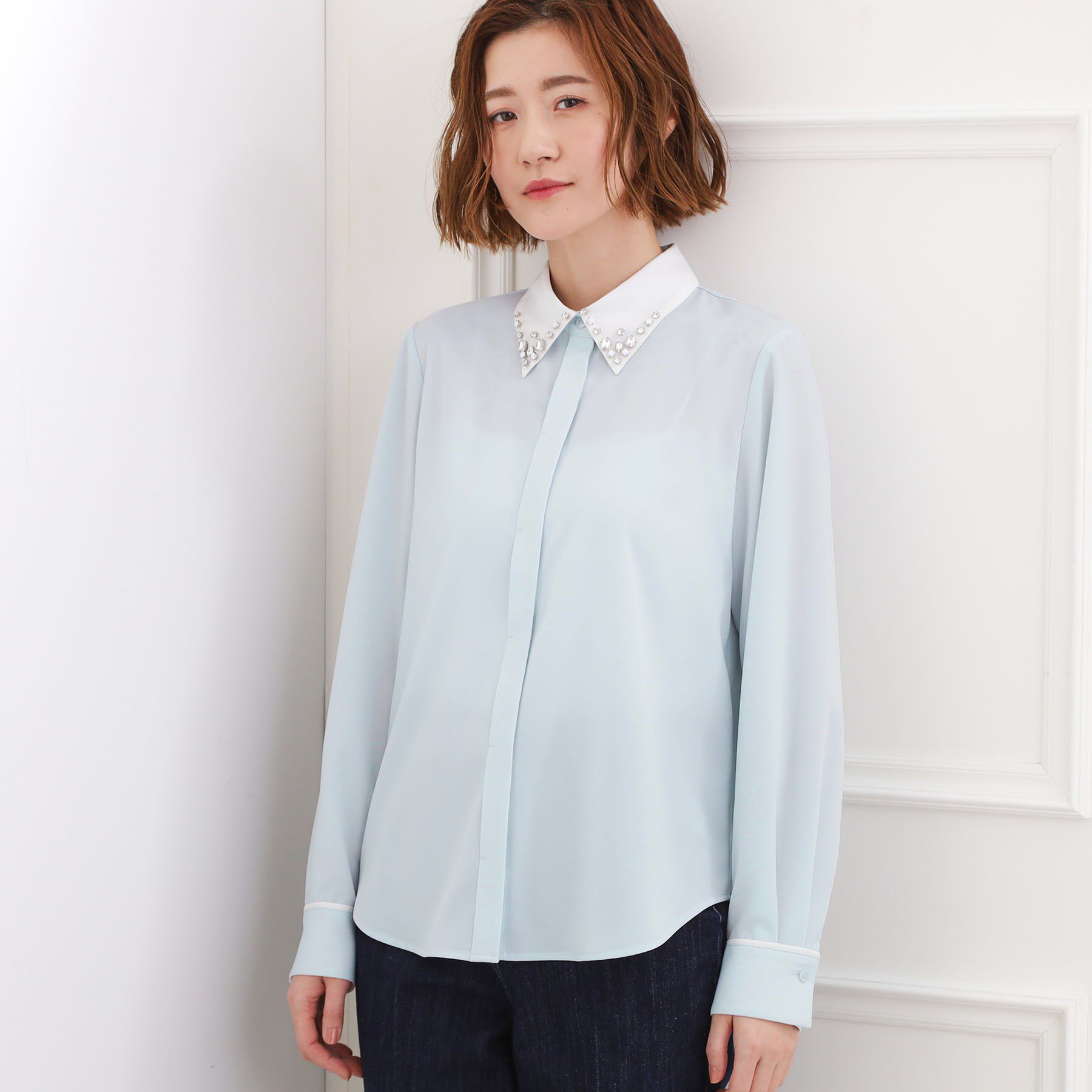 grove「ビジューカラー とろみシャツ」|シャツ・ブラウス|ブルー(091)