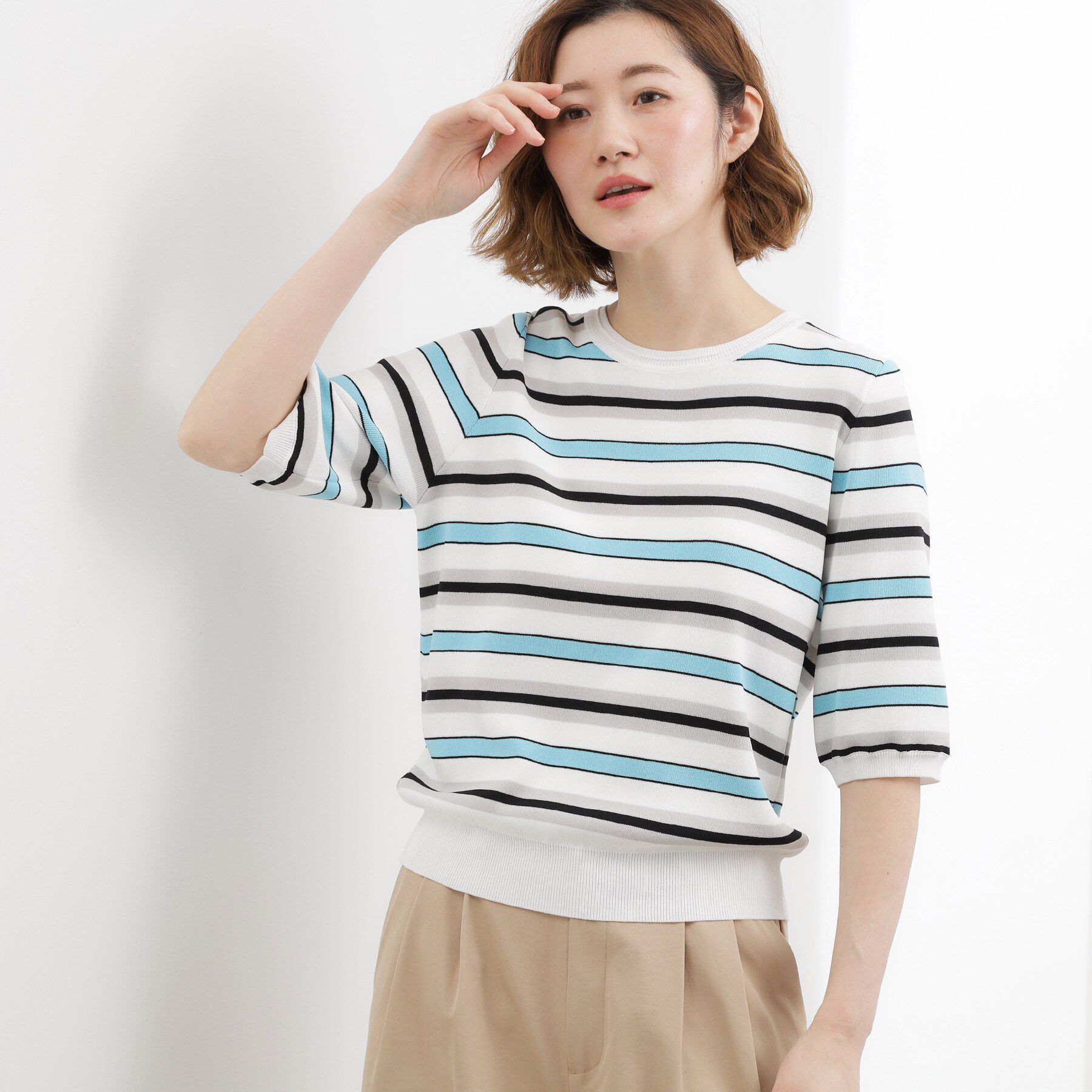 grove「【貴島明日香さん着用・シリーズ累計34万枚】やわらかドライタッチ 五分袖クルーネックニット」|ニット・セーター|