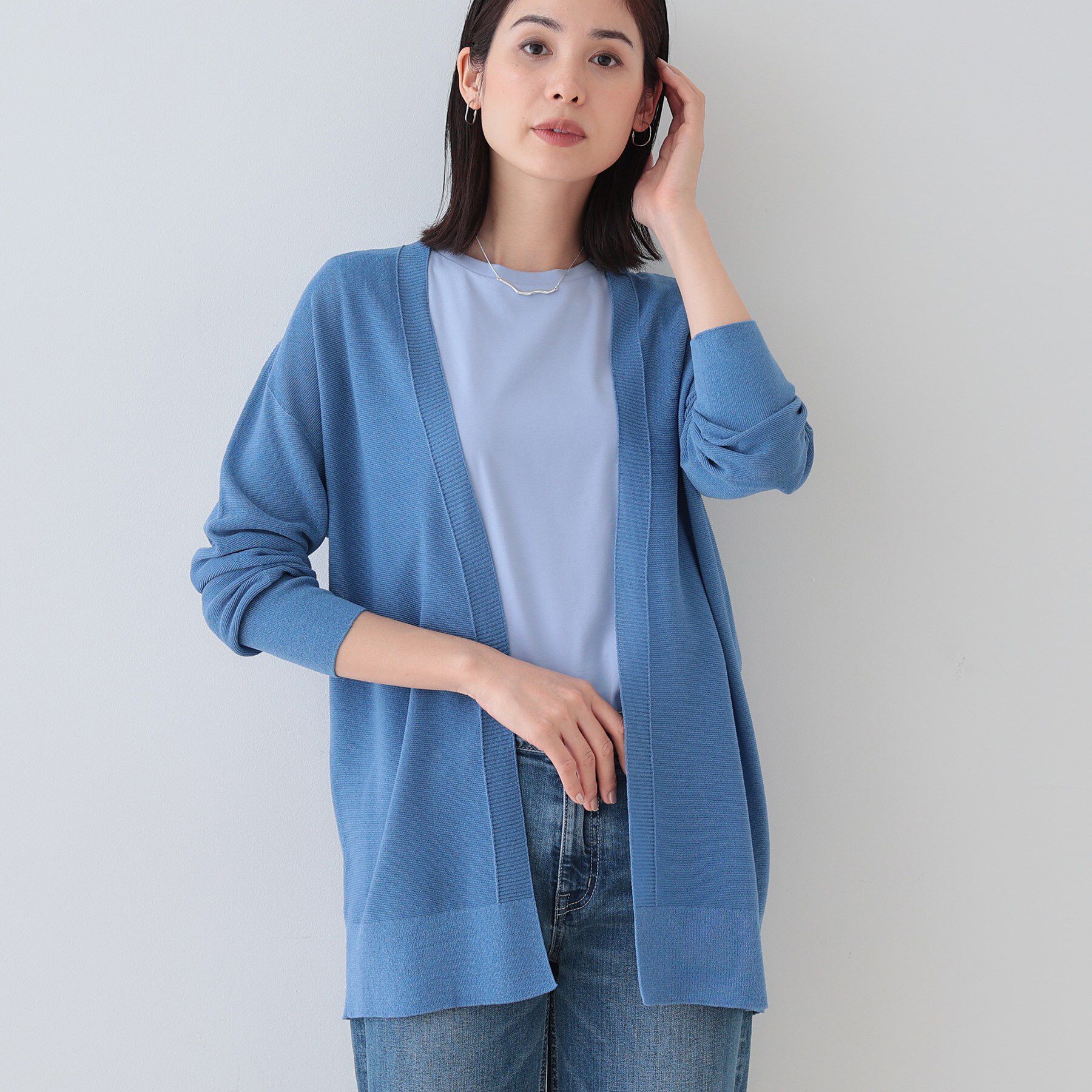 INDIVI「【洗える／和紙混素材】ドライタッチニットカーディガン」|カーディガン|ブルー(092)