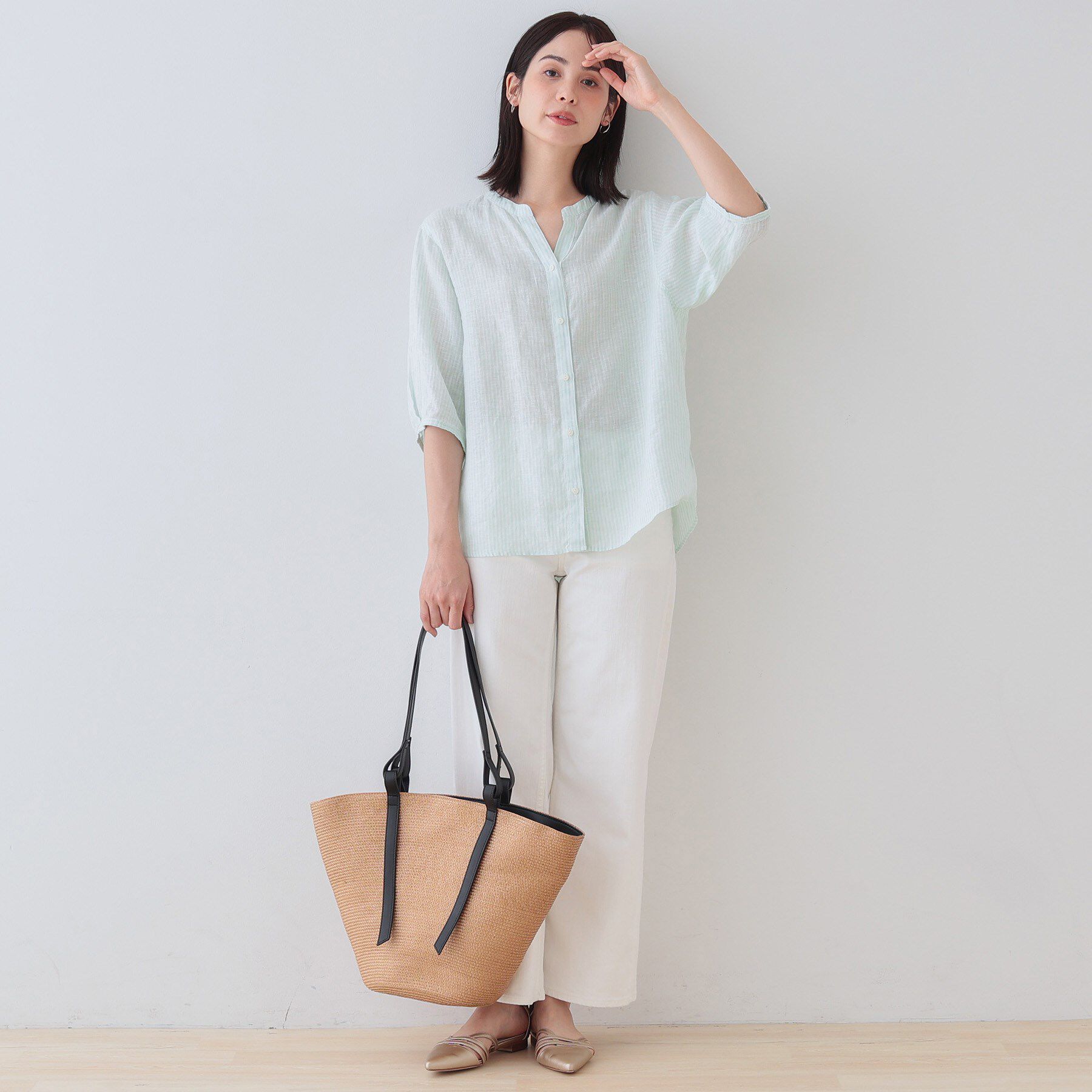 INDIVI「【毎年人気！／フレンチリネン】5分袖バンドカラーブラウス」|シャツ・ブラウス|