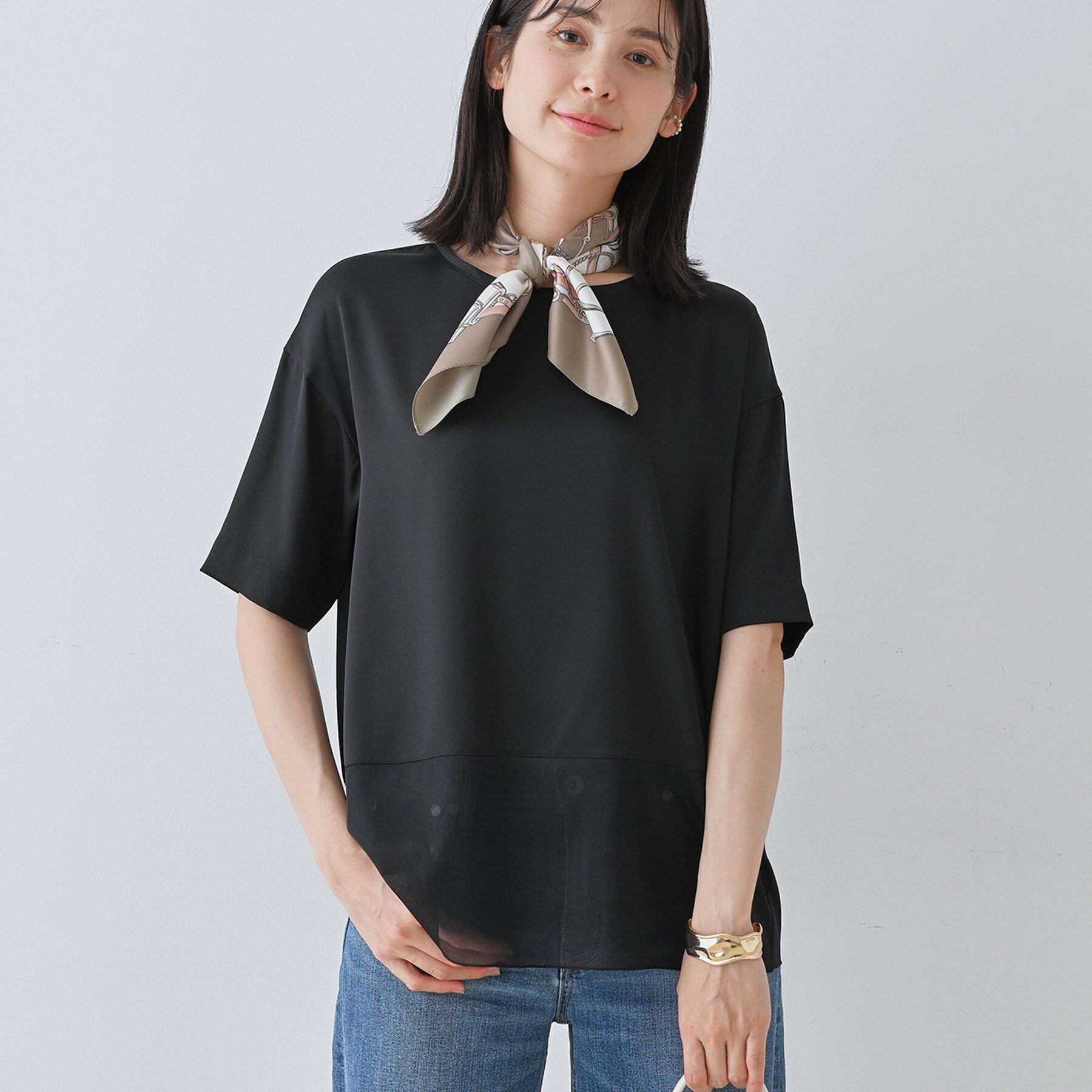 INDIVI「【洗える】裾シアー半袖トップス」|Tシャツ・カットソー|ブラック(019)