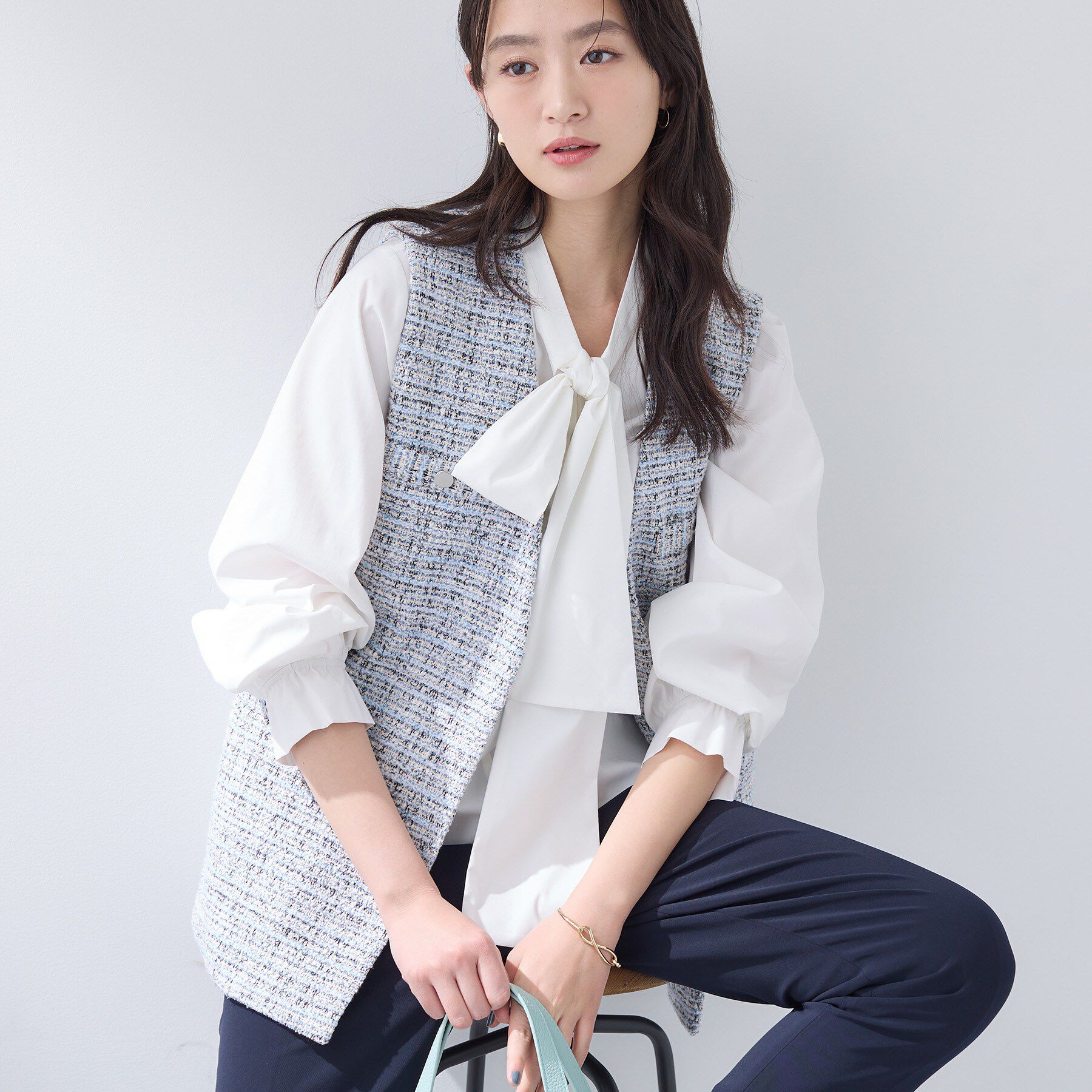 INDIVI「【2点セット／洗える】ツイードジレ＆ボウタイブラウス」|その他|