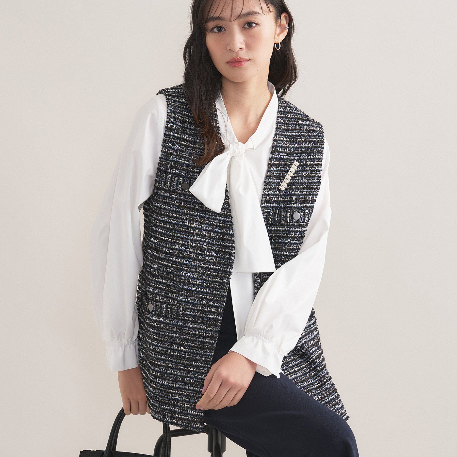 INDIVI「【2点セット／洗える】ツイードジレ＆ボウタイブラウス」|その他|