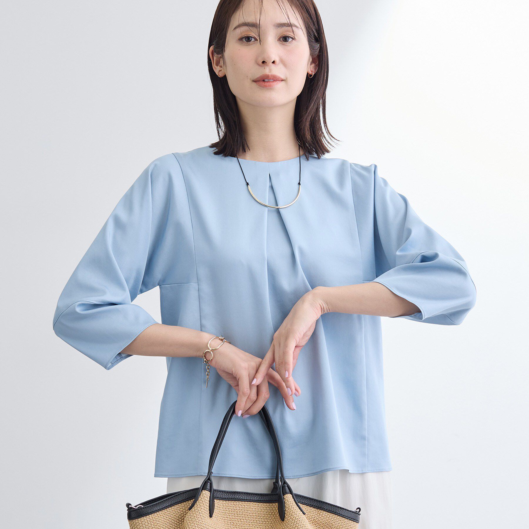 INDIVI「【洗える／UVケア／SETUP可能】デニムライク ランタン袖ブラウス」|シャツ・ブラウス|サックスブルー(49