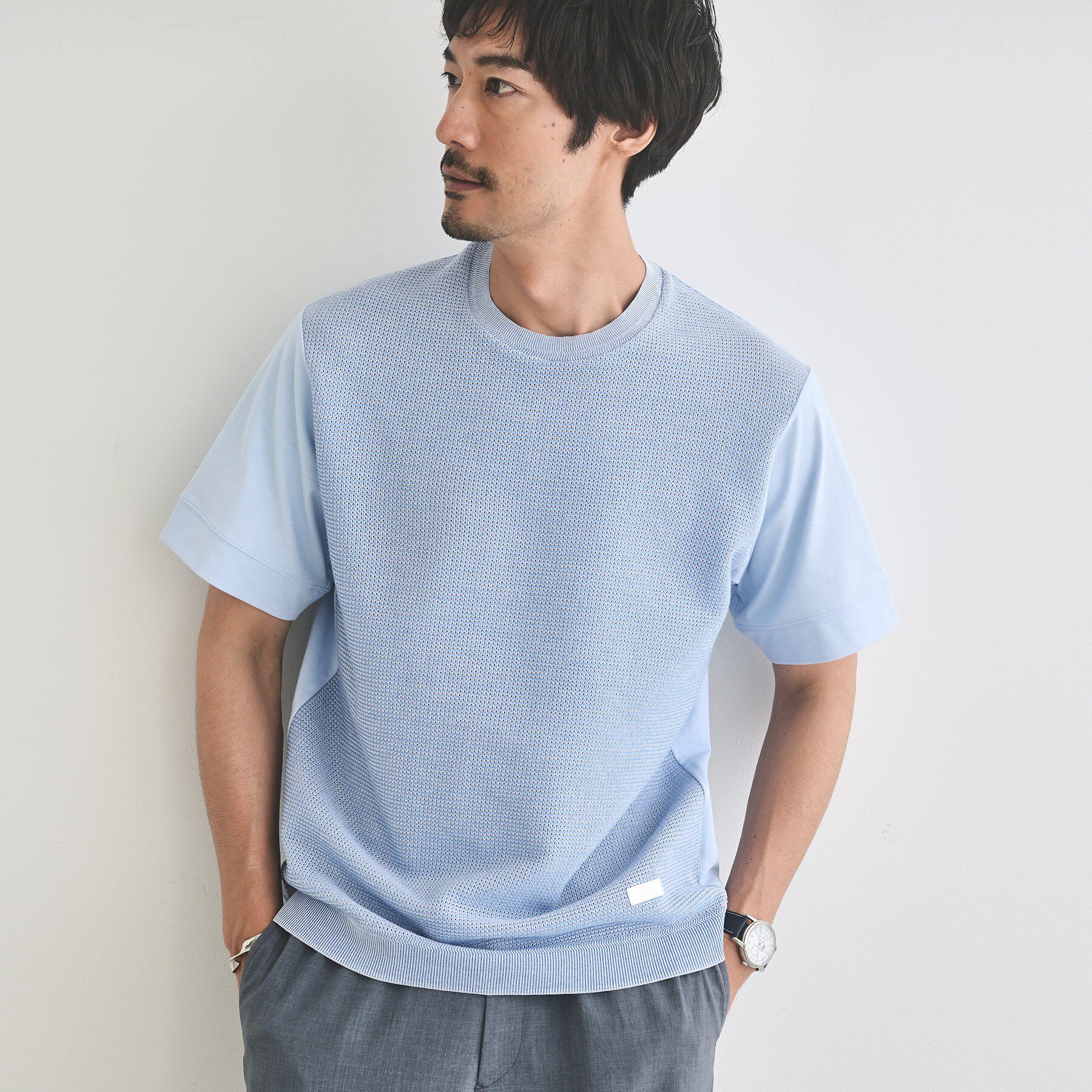 TAKEO KIKUCHI「テクスチャーニット コンビ カットソー」|Tシャツ・カットソー|ブルー(092)