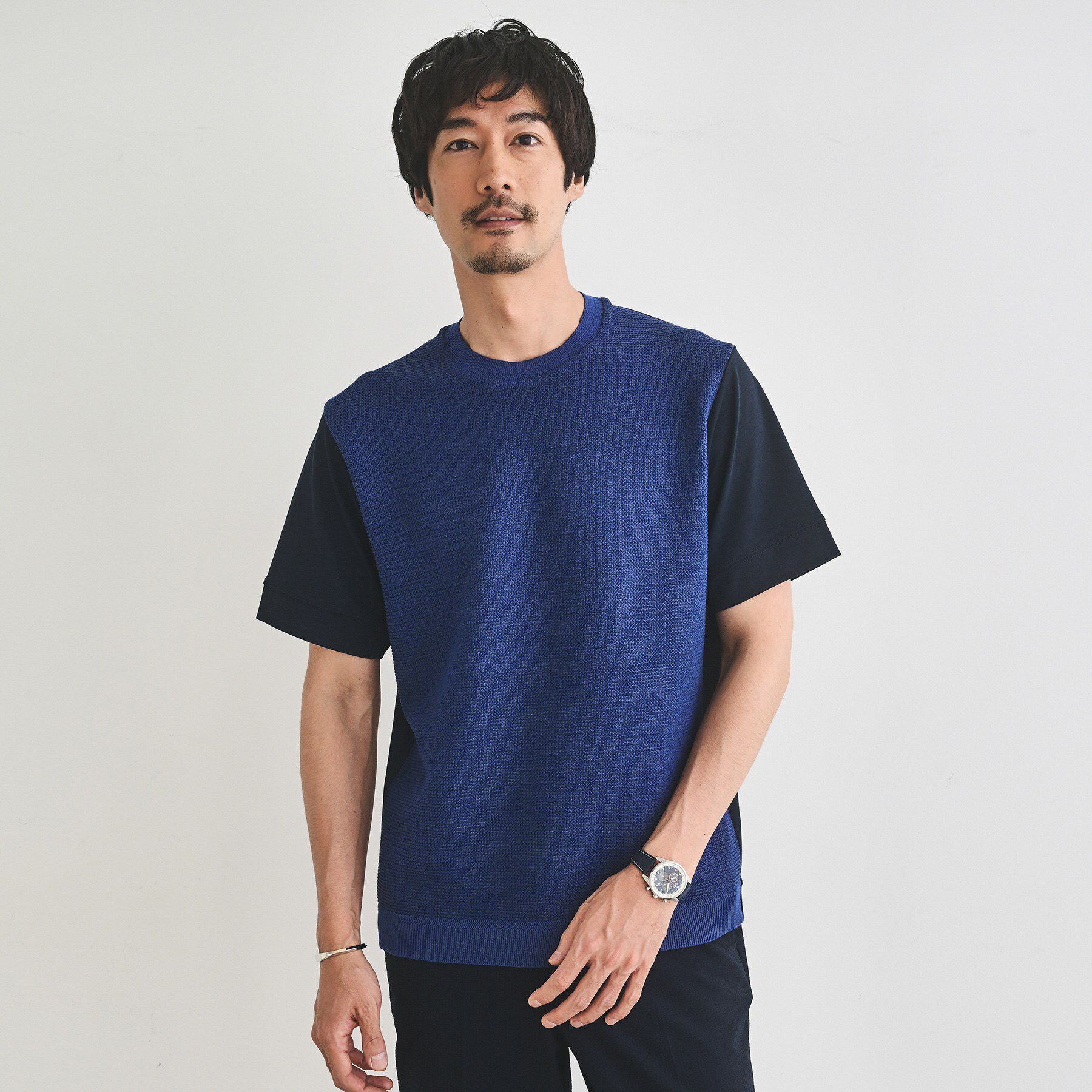 TAKEO KIKUCHI「テクスチャーニット コンビ カットソー」|Tシャツ・カットソー|ネイビー(094)