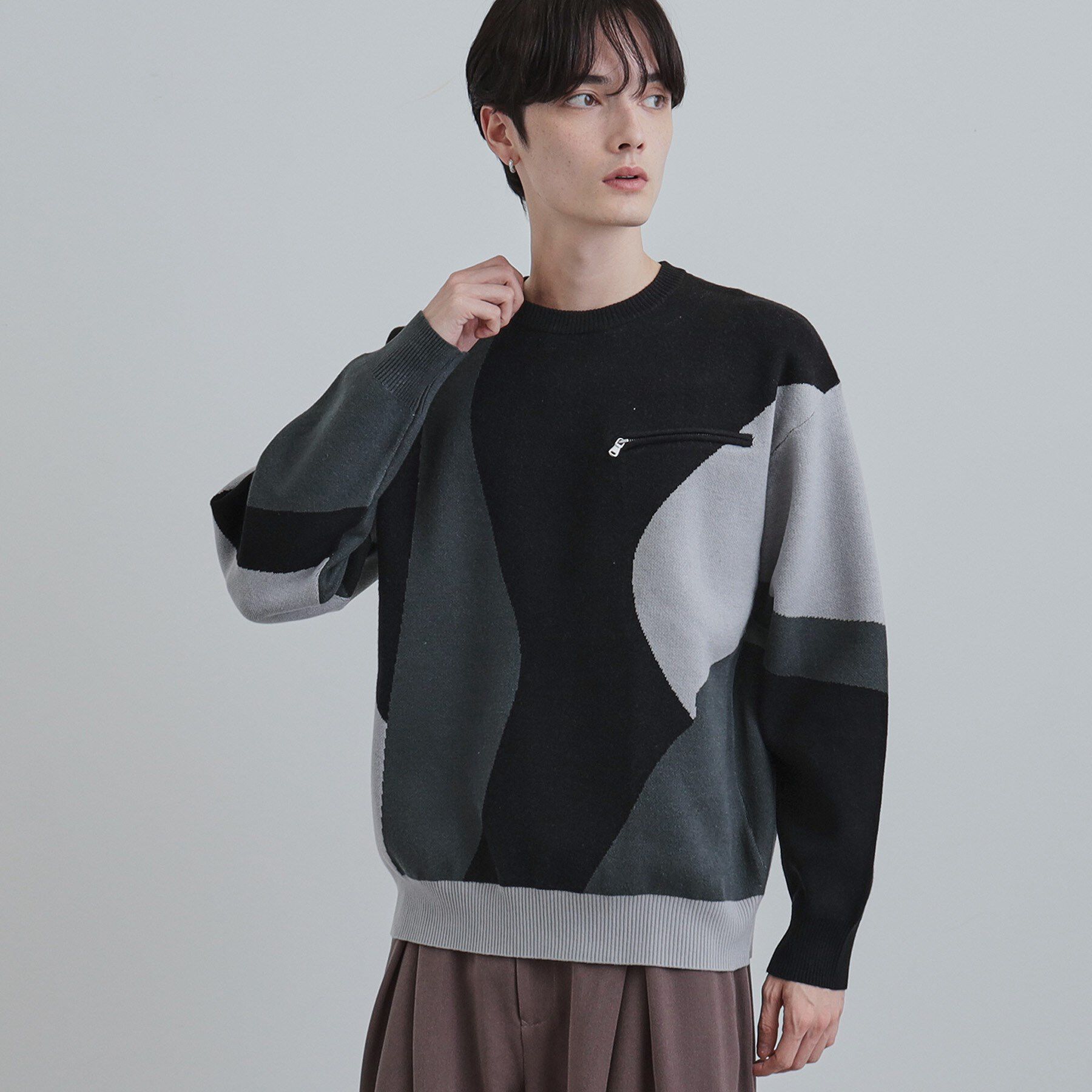 tk.TAKEO KIKUCHI「カラースキーム胸ZIPニット」|ニット・セーター|ブラック(019)