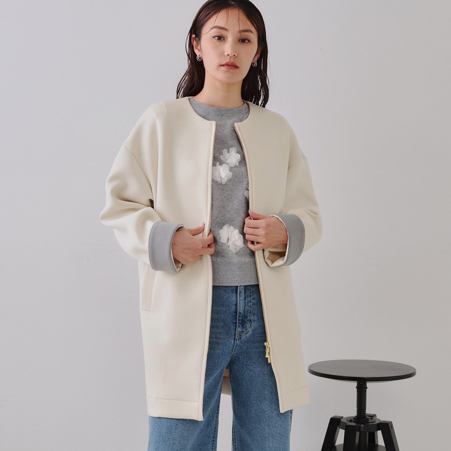 OPAQUE.CLIP「ノーカラーZIPミドルコート【洗濯機洗い可/抗ピル】」|ノーカラーコート|