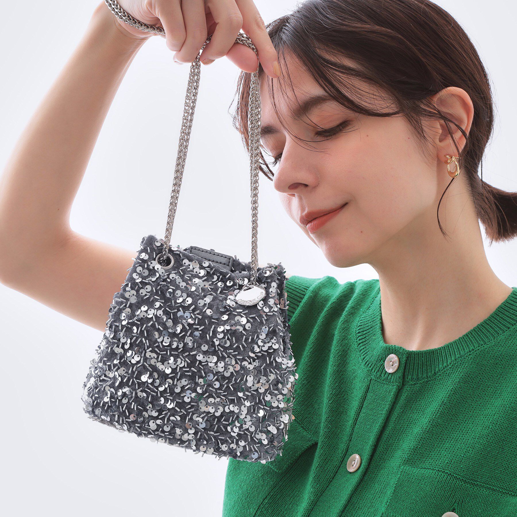 OPAQUE.CLIP「【2WAY】素材アソートシャイニー巾着ミニショルダーバッグ」|ショルダー・メッセンジャー|ブラックシルバー(0