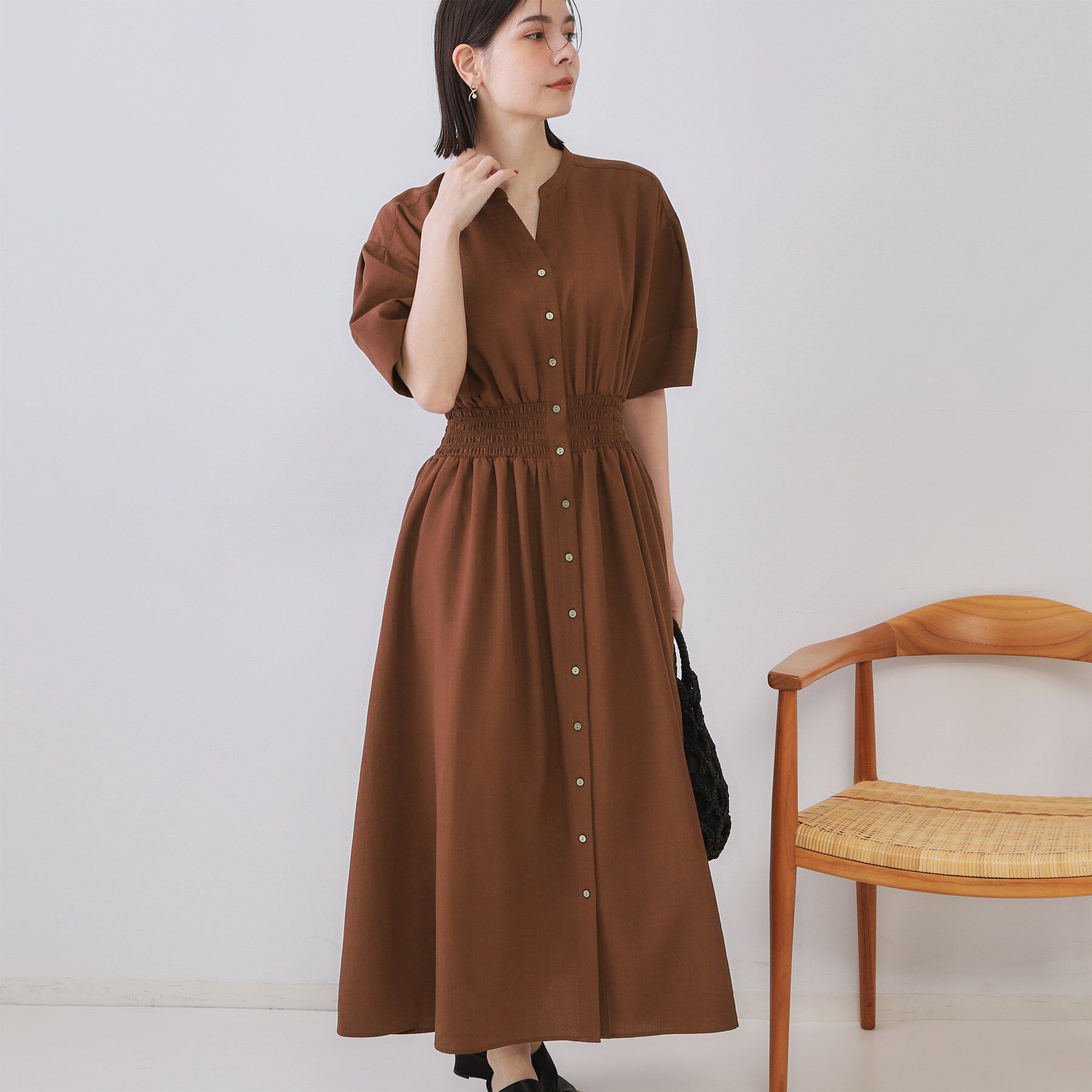 OPAQUE.CLIP「リネンライクスキッパーフィット＆フレアワンピース【洗濯機洗い可】」|ワンピース|ブラウン(043)