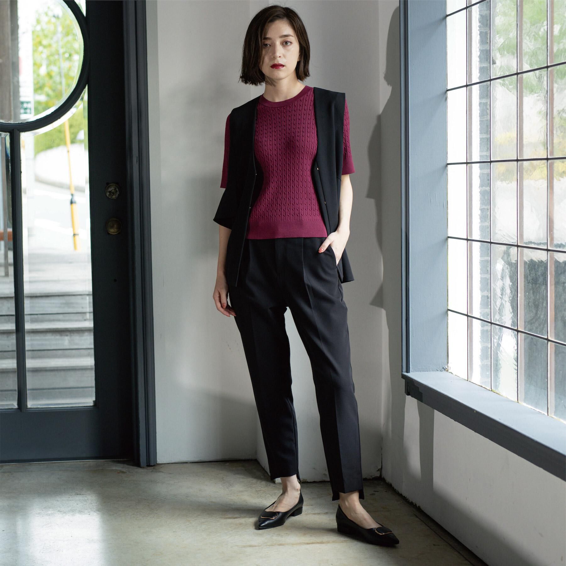 OPAQUE.CLIP「ケーブルハーフスリーブニット【UVケア/洗濯機OK】《6col/S～LL》」|ニット・セーター|