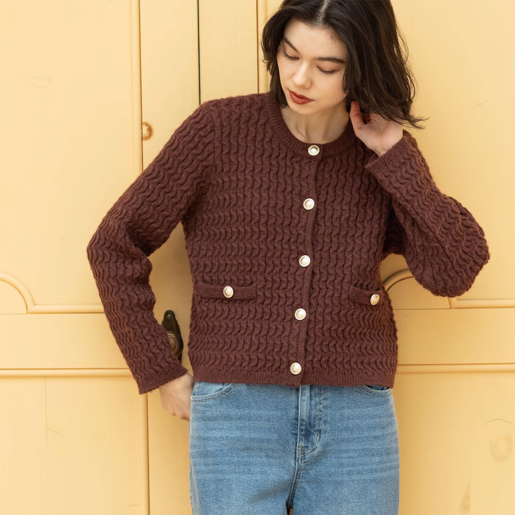 OPAQUE.CLIP「モヘヤタッチケーブル金ボタンカーディガン【洗濯機OK】」|カーディガン|