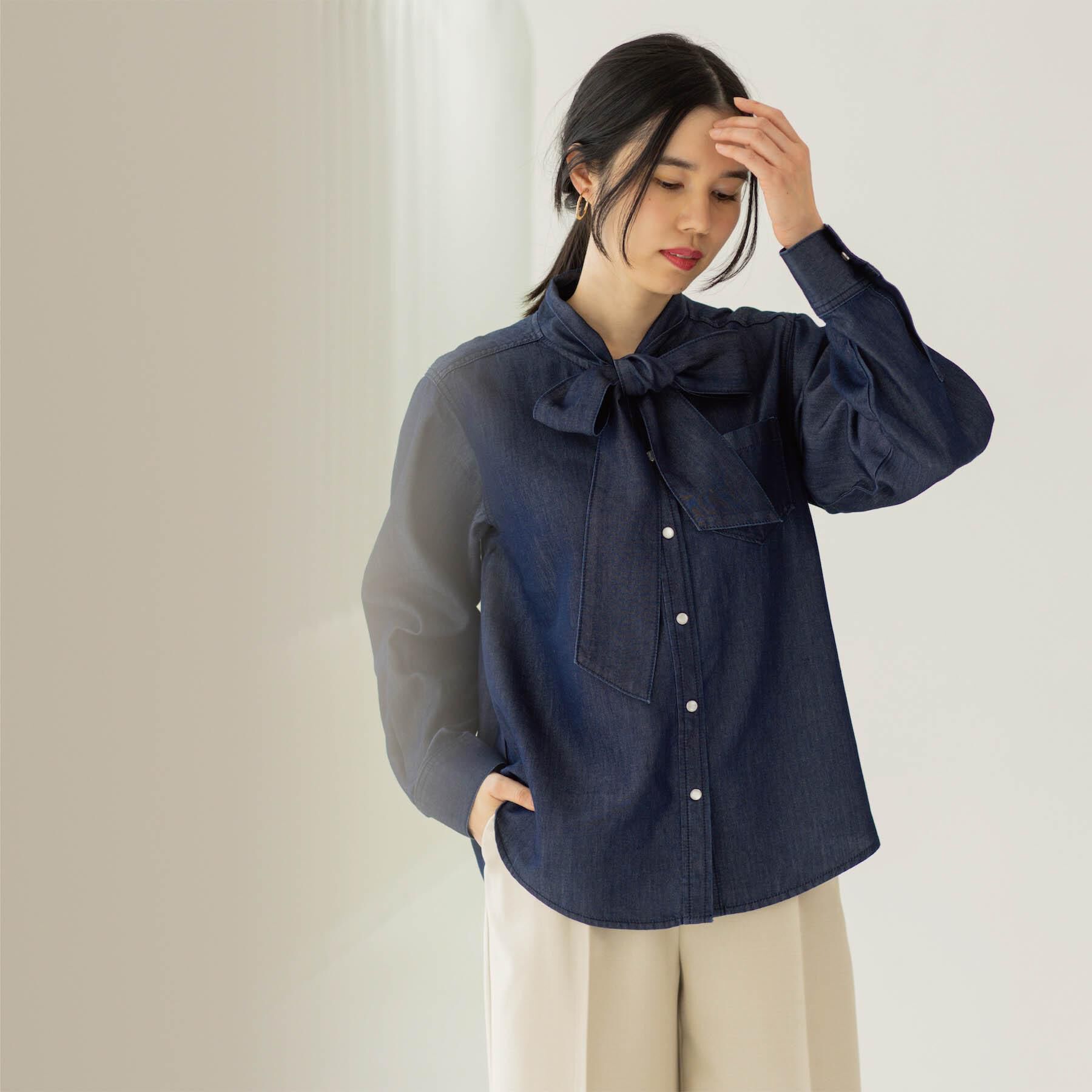 OPAQUE.CLIP「セルロース混デニムボウタイブラウス【洗濯機OK】」|シャツ・ブラウス|