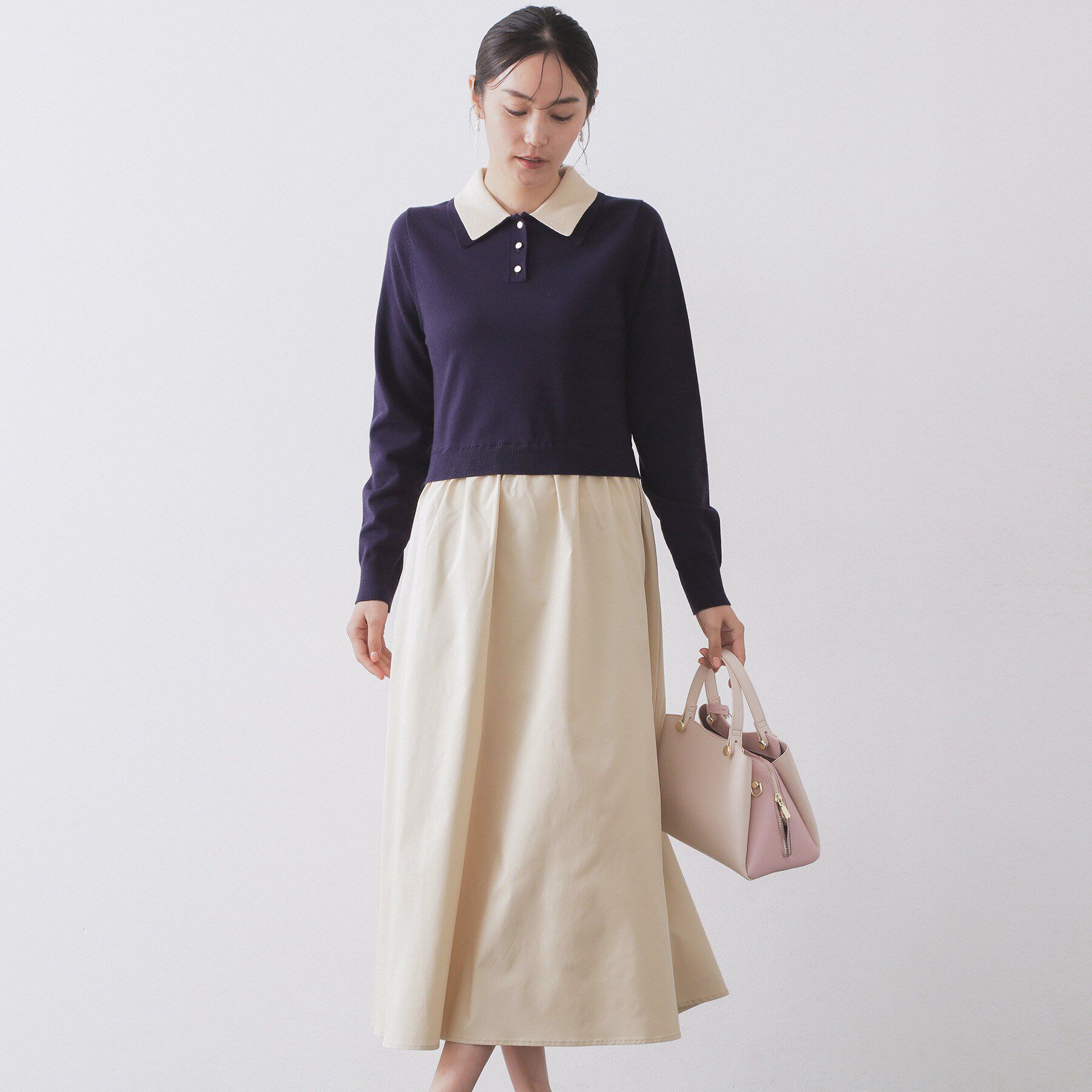 OPAQUE.CLIP「ダブルポロ衿ニットドッキングワンピース【洗濯機OK】」|ワンピース|