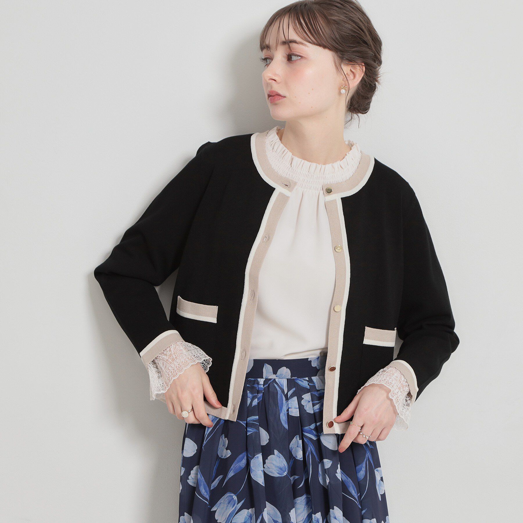 Couture broach「【洗える・着映え】SPRING配色カーディガン」|カーディガン|ブラック(019)