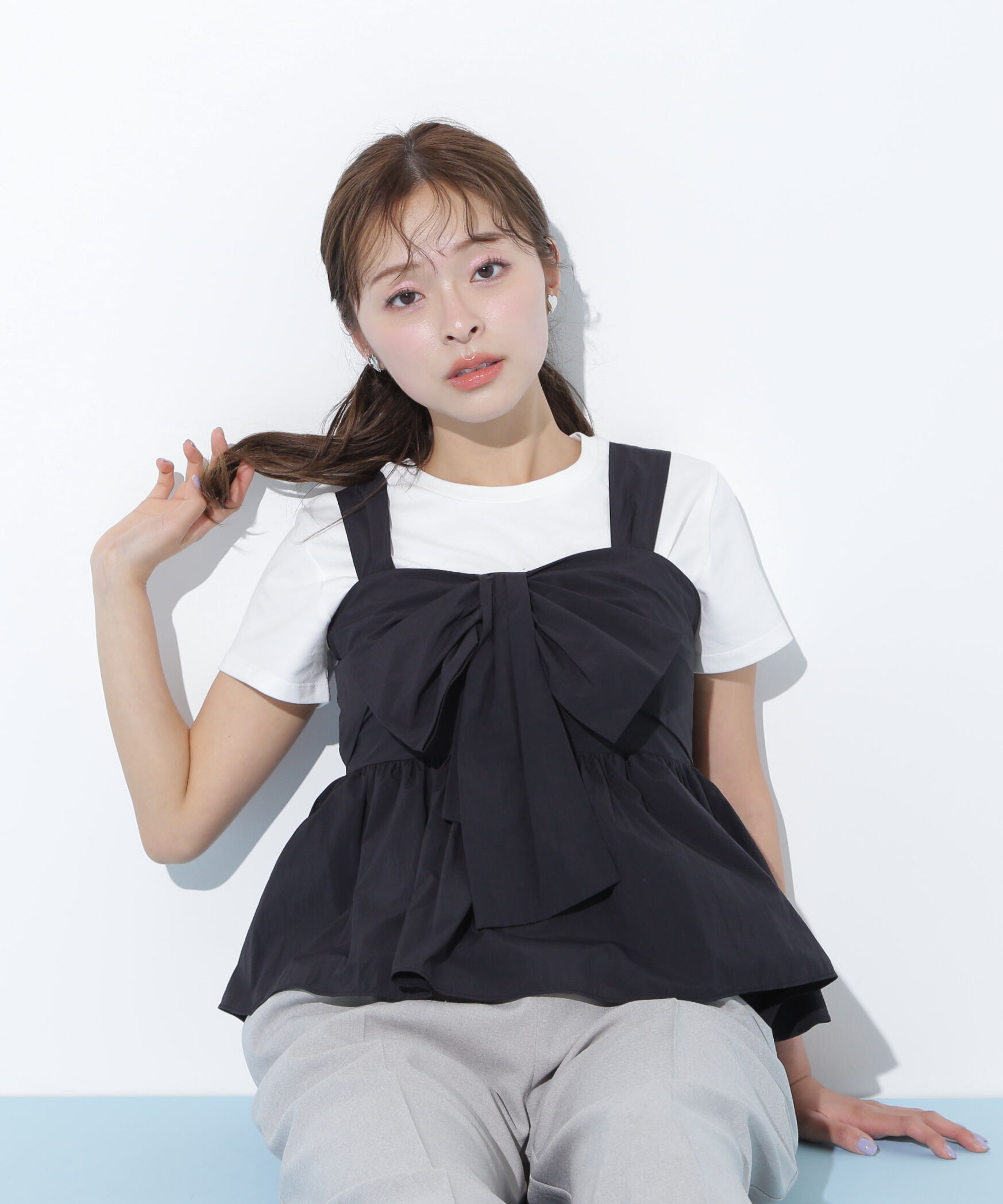  「リボンペプラムブラウス」|シャツ・ブラウス|ブラック