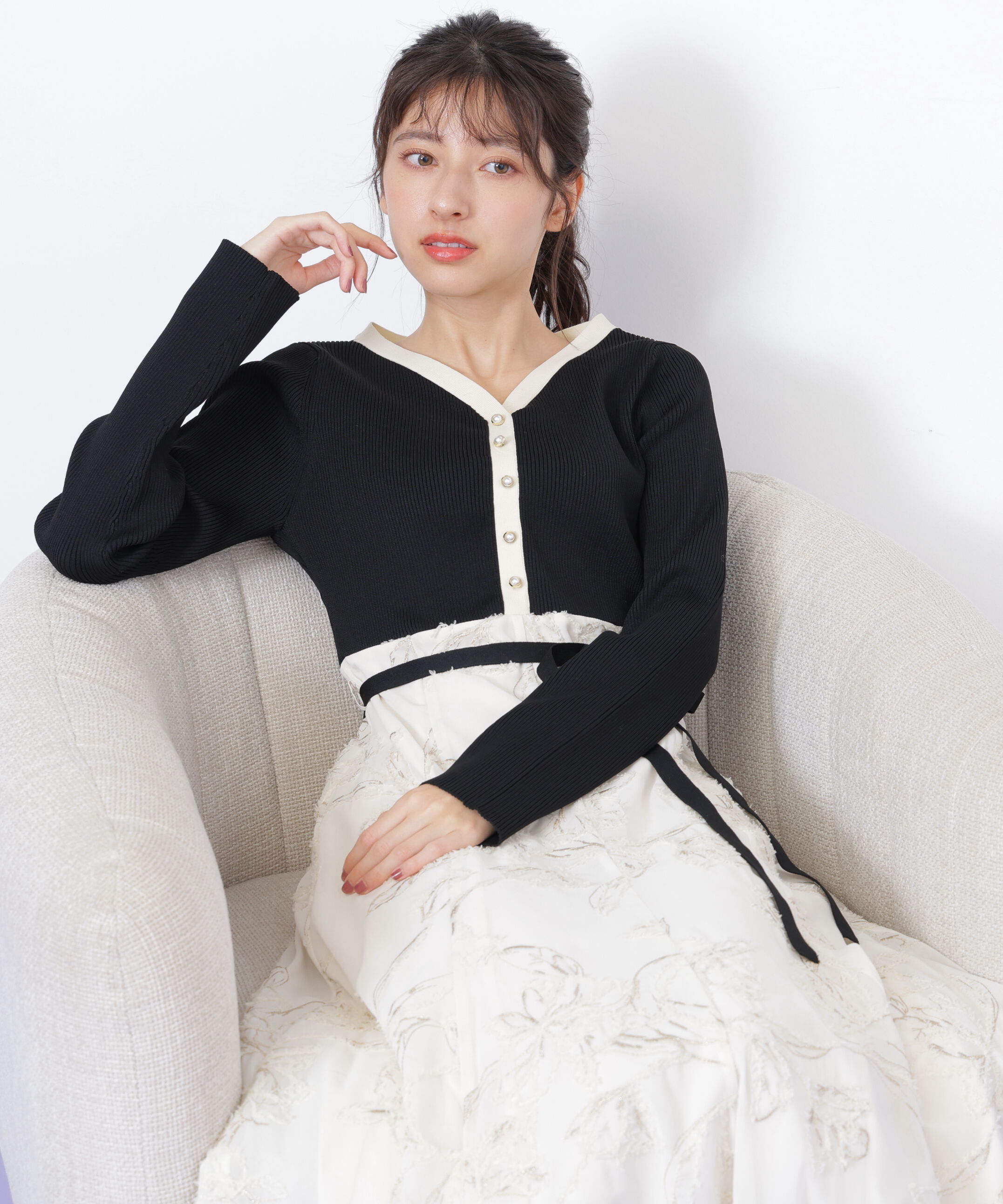  「モール刺繍ドッキングニットワンピース」|ワンピース|ブラック