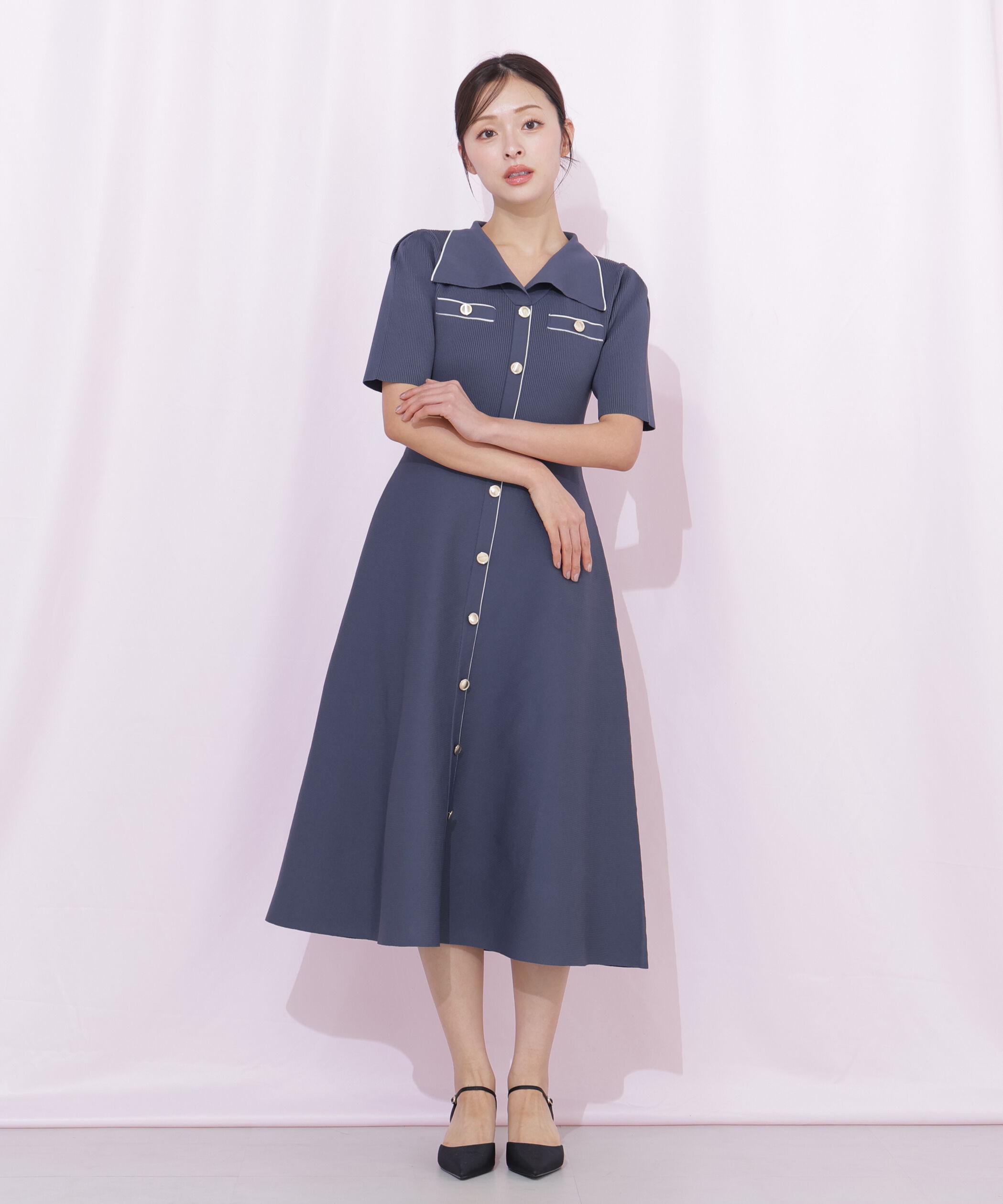  「開襟配色ニットワンピース」|ワンピース|