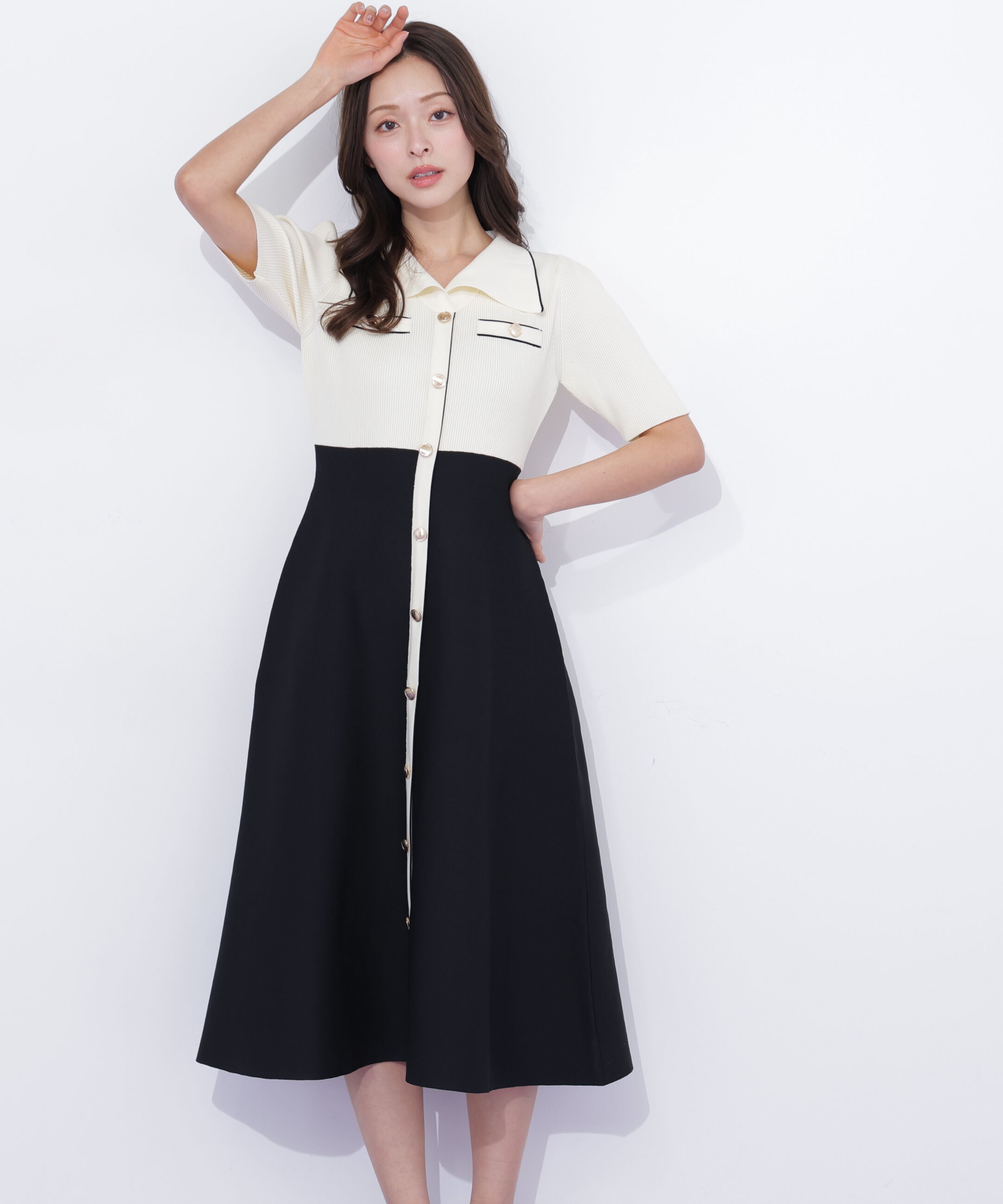  「開襟配色ニットワンピース」|ワンピース|